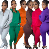 Solid Long Sleeve Sweatshirt And Pant Sport Two Piece Set HMS-5561