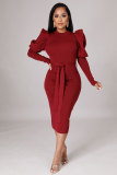 Solid Color Long Sleeve Slim Midi Dress XHXF-335