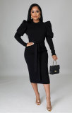 Solid Color Long Sleeve Slim Midi Dress XHXF-335