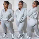 Solid Long Sleeve Sweatshirt And Pant Sport Two Piece Set HMS-5561
