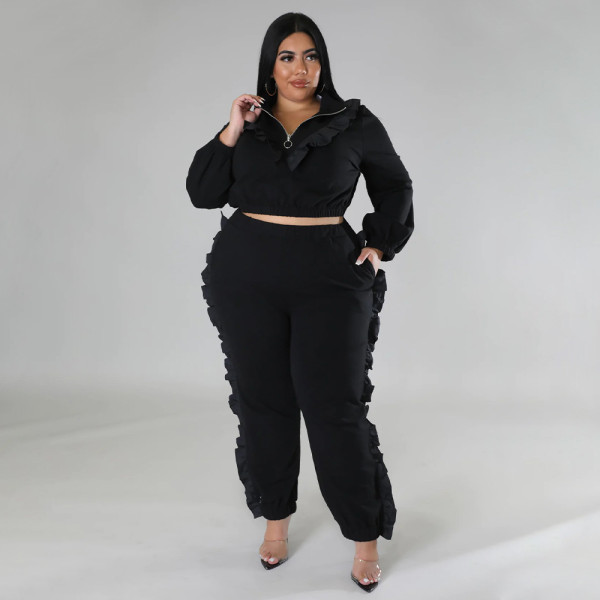 Plus Size Solid Color Ruched Long Sleeve Two Piece Pants Set NNWF-7758