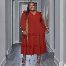 Plus Size Ruffles Patchwork Big Swing Maxi Dress NNWF-7762