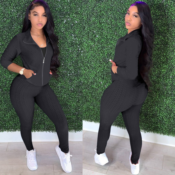 Solid Color Long Sleeve Pant Two Piece Set TE-4508