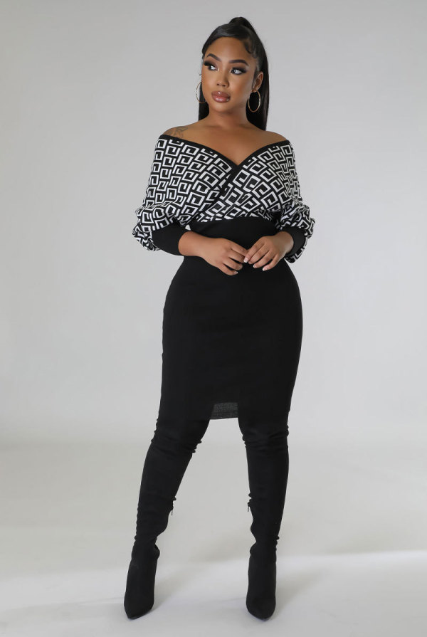 Sexy Print Big V Neck Mini Dress XHXF-337