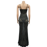 Sexy Mesh Hot Drilling Sleeveless Maxi Dress BY-6075