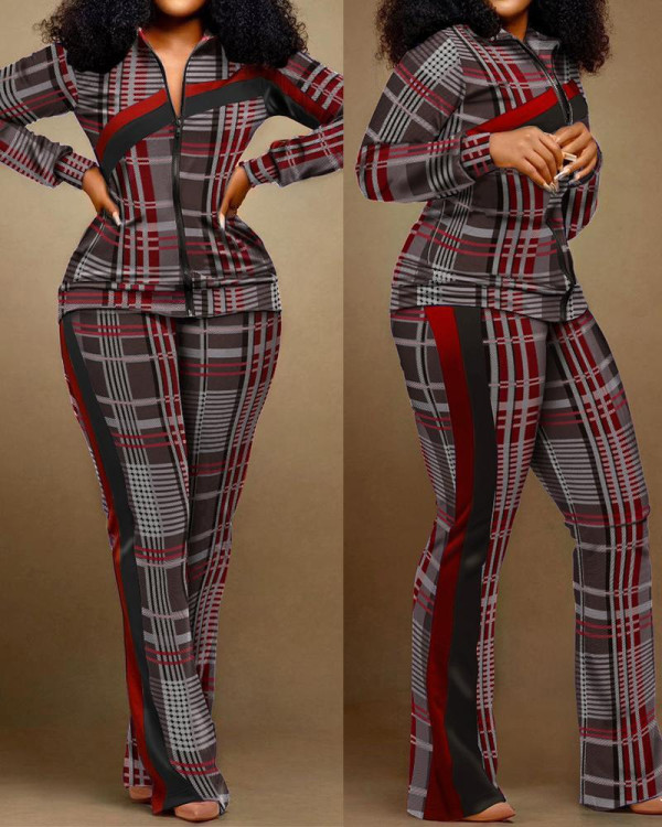 Plus Size Print Color Contrast Slim Two Piece Pant Set NY-2613