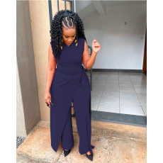 Plus Size Solid Color Sleeveless Irregular Two Piece Set QXTF-8140