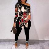 Print Slash Shoulder Long Sleeve Pant 2 Piece Set SHD-9402
