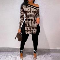 Print Slash Shoulder Long Sleeve Pant 2 Piece Set SHD-9402