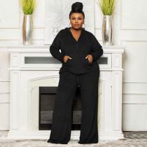 Plus Size Velvet Solid Color High Waist Wide Leg Pant Two Piece Set  NNWF-7770