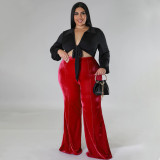 Plus Size Solid Color Velvet High Waist Flare Pant NNWF-7775