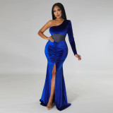 Solid Single Shoulder Sleeve Ruched Split Mermaid Maxi Dress YF-10354