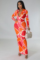 Casual Print Lapel Long Sleeve Slim Maxi Dress  XHXF-340
