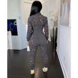 Solid Color Holes Short Tops And Pant Sport Two Piece Set XYF-9197