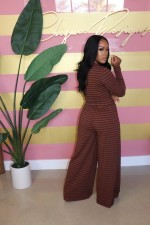Plus Size Casual Long Sleeve Tops And Wide Leg Pant Stripe 2 Piece Set BLX-62002