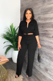 Casual Drawstring Short Tops High Waist Straight Pants 2 Piece Set GYLY-9849