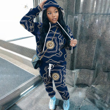 Plus Size Casual Print Hooded Sweatshirt Slim Two Piece Pants Set NY-10368