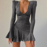 U-neck Padded Shoulder Flared Sleeve Ruffle Sexy Mini Dress GKLK-10544