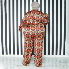 Plus Size Fashion Print Casual Long Sleeve Shirts And Pants 2 Piece Set NNWF-7734