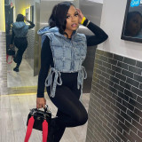 Denim Hollow Out Straps Hooded Vest GBTF-9124
