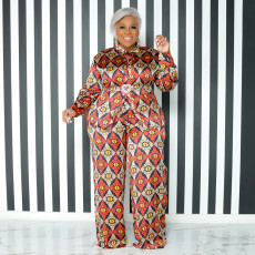 Plus Size Fashion Print Casual Long Sleeve Shirts And Pants 2 Piece Set NNWF-7734