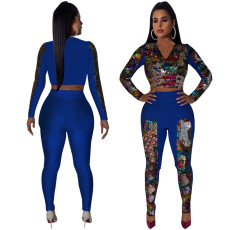 Sequine Splice Long Sleeve Pants Two Piece Set TE-4533