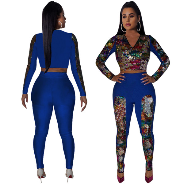 Sequine Splice Long Sleeve Pants Two Piece Set TE-4533