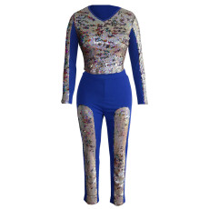 Sequine Splice Long Sleeve Pants Two Piece Set TE-4533