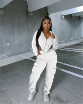 Solid Irregular Zipper Coat Pocket Pants Two Piece Set IV-8354