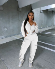 Solid Irregular Zipper Coat Pocket Pants Two Piece Set IV-8354