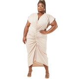 Plus Size Solid Color V-neck Ruched Midi Dress NNWF-3069