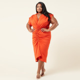 Plus Size Solid Color V-neck Ruched Midi Dress NNWF-3069