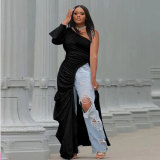 Plus Size Side Slit Slant Shoulder Single Sleeve Long Top NY-10358