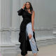 Plus Size Side Slit Slant Shoulder Single Sleeve Long Top NY-10358