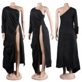 Plus Size Side Slit Slant Shoulder Single Sleeve Long Top NY-10358