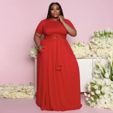 Plus Size Short Sleeve Tie Up Pullover And Big Swing Skirt 2 Piece Set NNWF-3023