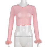 Mesh See Through Feather Splicing T Shirt GBTF-8792