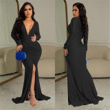Deep V Neck Ruched Split Maxi Dress BY-6115