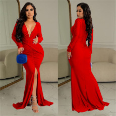 Deep V Neck Ruched Split Maxi Dress BY-6115