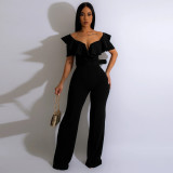 Ruffles V Neck Short Sleeve Jumpsuit With Waist Belt  YF-10390
