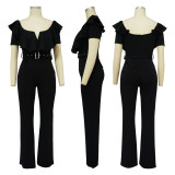 Ruffles V Neck Short Sleeve Jumpsuit With Waist Belt  YF-10390