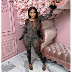 Mesh Hot Drill Long Sleeve Feather Jumpsuit BY-6200