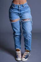 Plus Size Casual Denim High Waist Holes Jeans LX-5528
