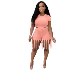 Casual Solid Short Sleeve Tassel Shorts 2 Piece Set ORY-5193