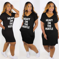 Plus Size Letter Print V Neck Casual Midi Dress HGL-2002