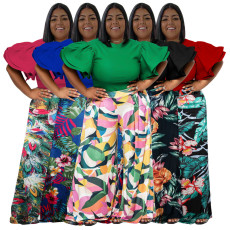 Plus Size Round Neck Tops Printed Pants Suit NNWF-7794