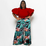 Plus Size Round Neck Tops Printed Pants Suit NNWF-7794