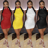 Sexy Nightclub Solid Color Halter PU Mini Dress GLF-10120