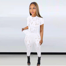 Ripped Hole Short Sleeve Pants Two Piece Set LSD-83189