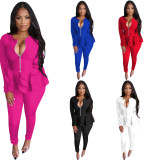 Solid Ruffled Zipper Top Long Pants Two Piece Suits TE-3873